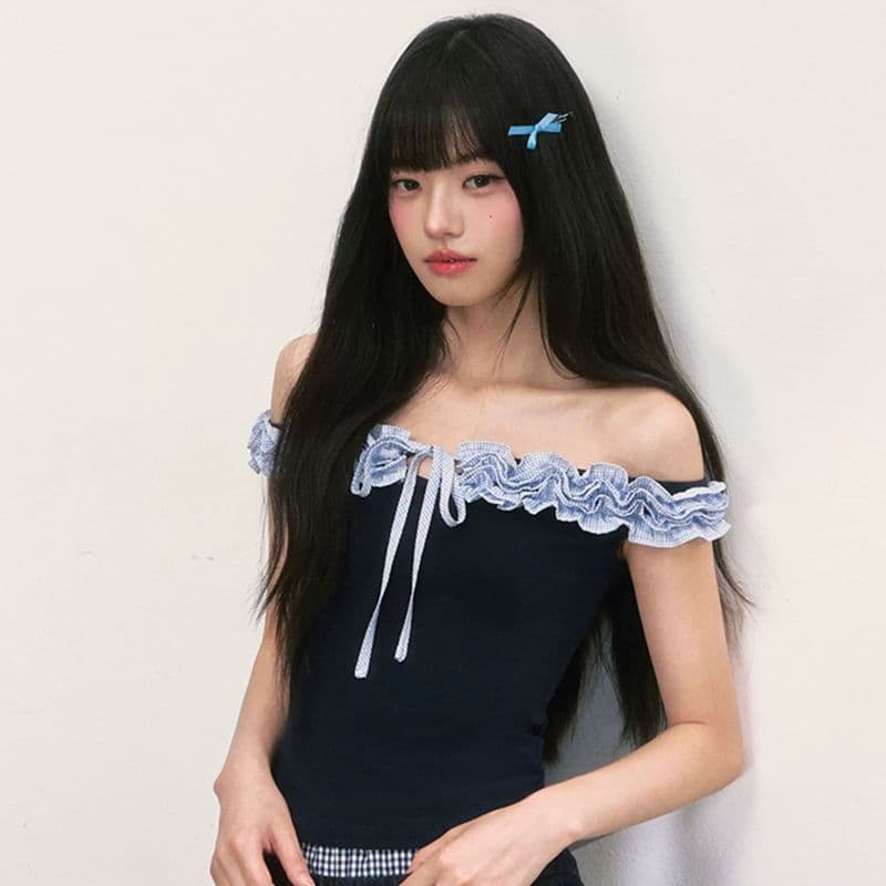 아메리칸 해군 페이크 레이어드 오프숄더 오프숄더 반팔 맨위 여성 여름 디자인 센스 레이스 몸매 가꾸기 핫걸 티셔츠 상세 이미지 1