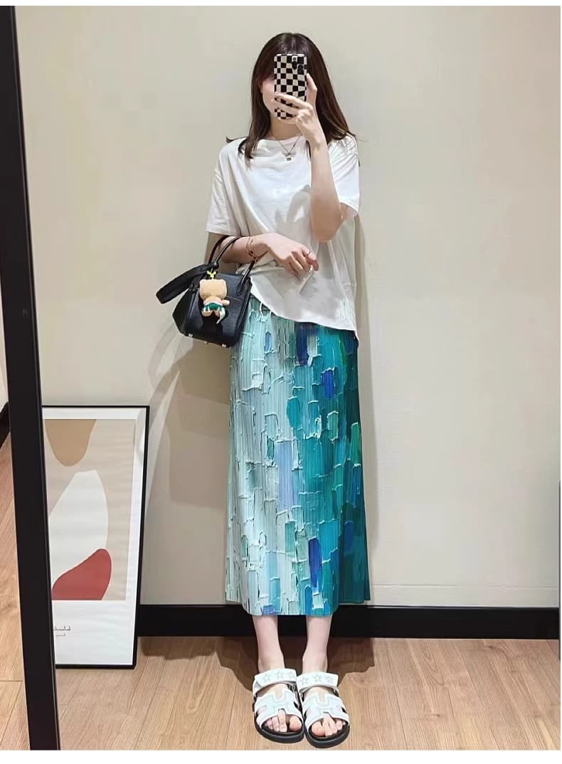 주름 반신 스커트 여름 얇은 스타일 도루 센스 작은 키 슬림해 보이는 허리밴드 품격 연령 감소 스트레이트 트임 플리츠 스커트 상세 이미지 2