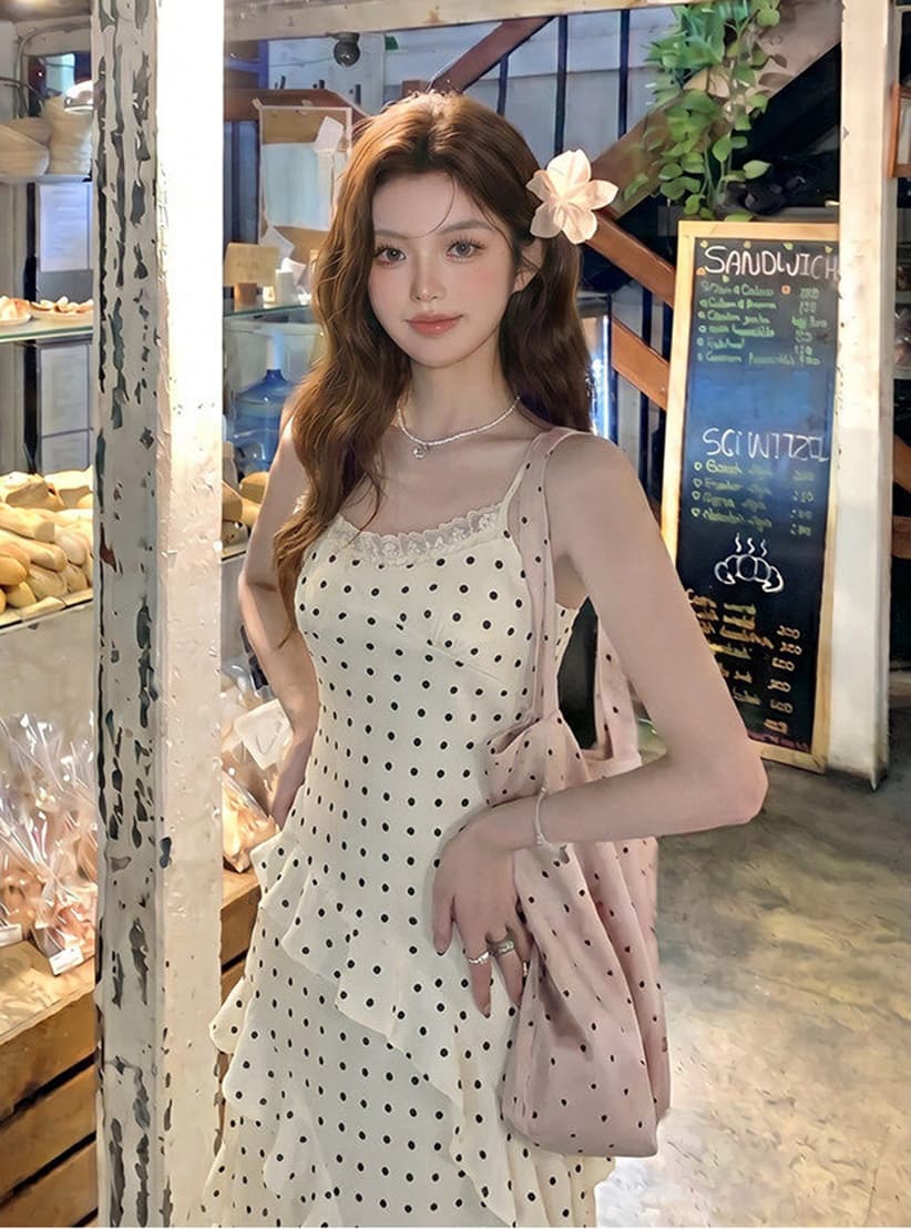 휴가 바람 프랑스식 도트 무늬 슬립 여성 드레스 여름 프릴 슈퍼 요정 치마 몸매 가꾸기 허리 수축 한 마디 롱 스커트 상세 이미지 5