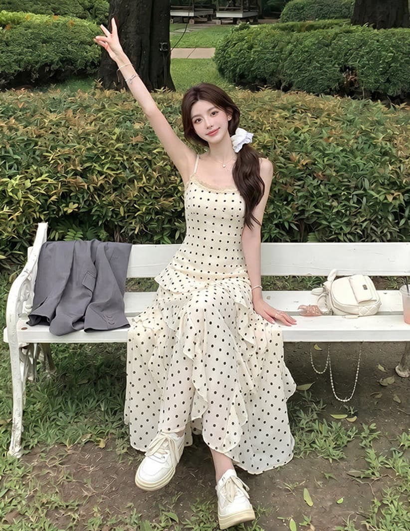 휴가 바람 프랑스식 도트 무늬 슬립 여성 드레스 여름 프릴 슈퍼 요정 치마 몸매 가꾸기 허리 수축 한 마디 롱 스커트 상세 이미지 6
