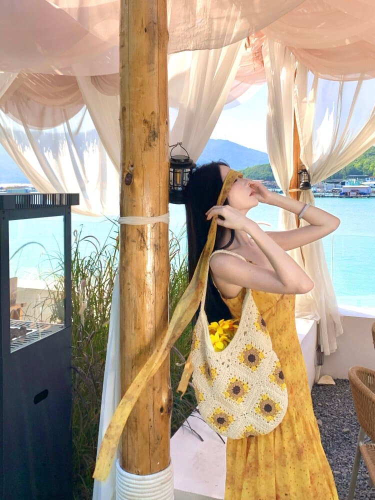 프랑스식 해변가 휴가 바람 분위기 센스 황색 색 후광 염색 꽃무늬 리본 V넥 여성 드레스 슬립 사진 찍기 롱 스커트 상세 이미지 8
