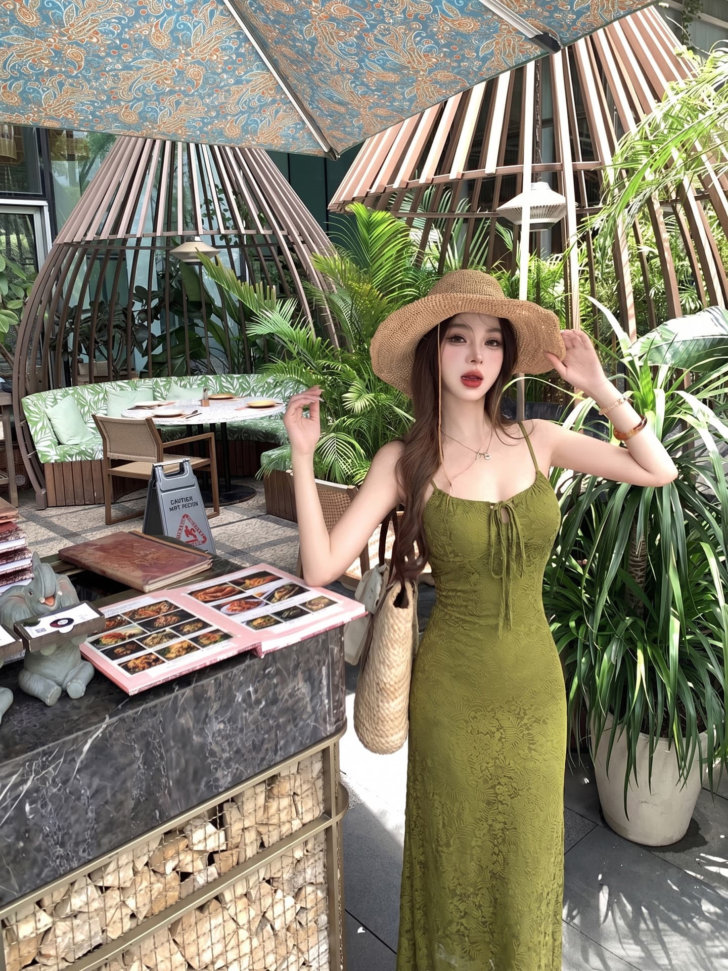 휴가 바람 슬립 홀로우 아웃 레이스업 여성 드레스 여름 녹색 핫걸 허리 수축 디스플레이 몸 타이트 스커트 길다 치마 이미지 4