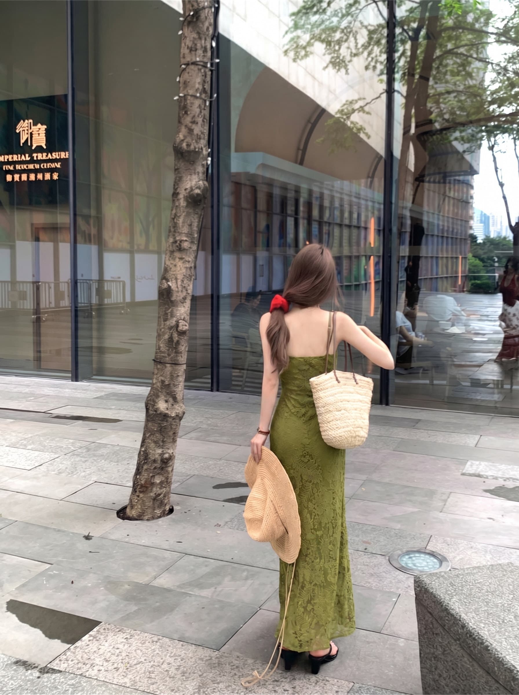 휴가 바람 슬립 홀로우 아웃 레이스업 여성 드레스 여름 녹색 핫걸 허리 수축 디스플레이 몸 타이트 스커트 길다 치마 상세 이미지 5