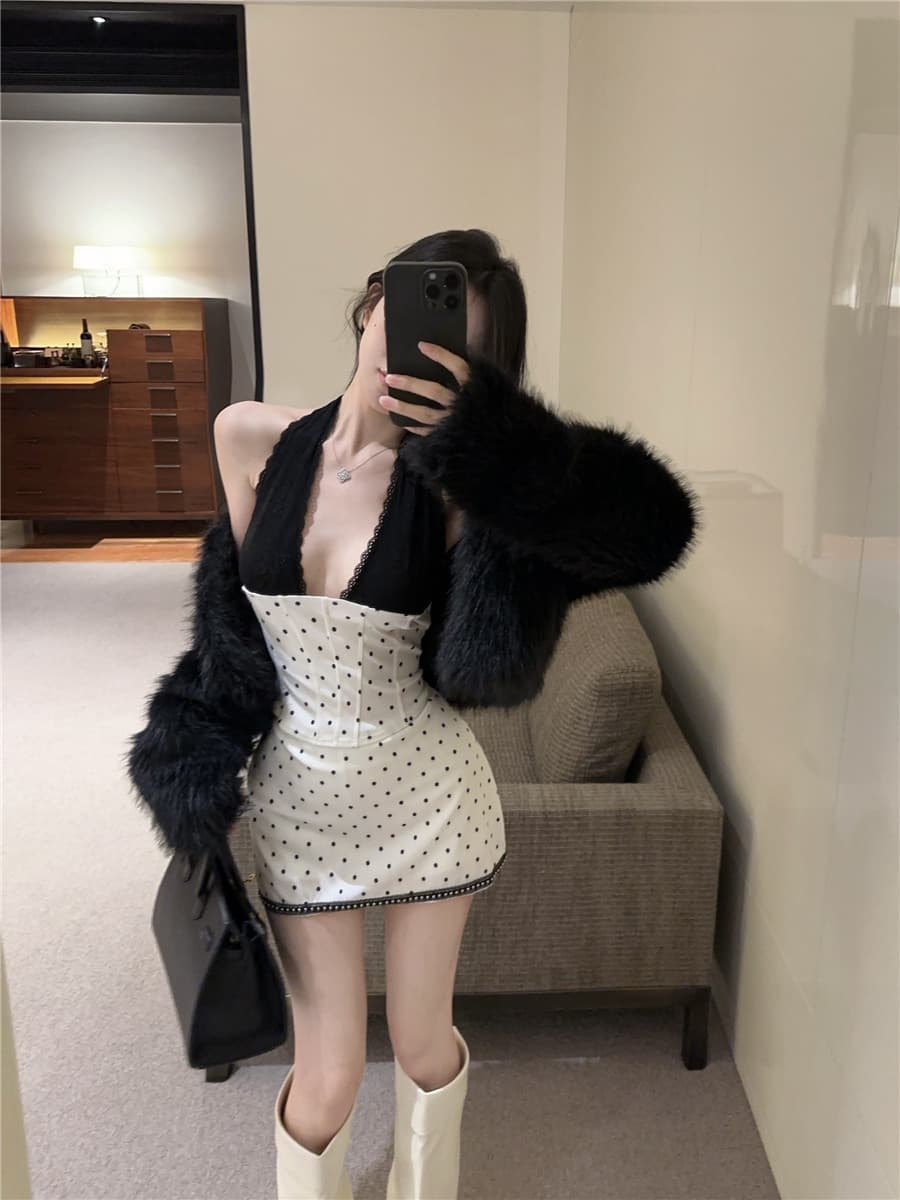 한 부서 아름다운 고유 한 행침 목 슬립 도트 무늬 반신 스커트 투피스 슈트 전체 집합 ootd 착용 가져 가라. 2026 여름 상세 이미지 13