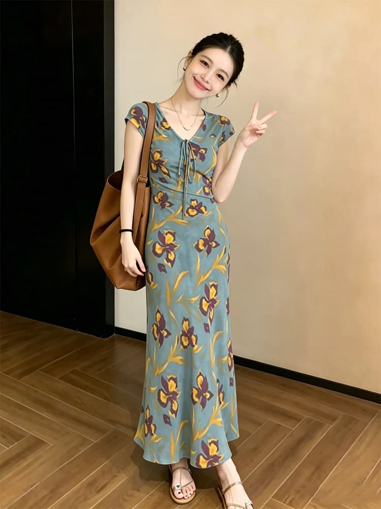 프랑스식 낭만주의 바람 프린트 여성 드레스 2026 여름 새로운 V넥 몸매 가꾸기 슬림해 보이는 특별 아름다운 꼬집기 허리 롱 스커트 상세 이미지 10