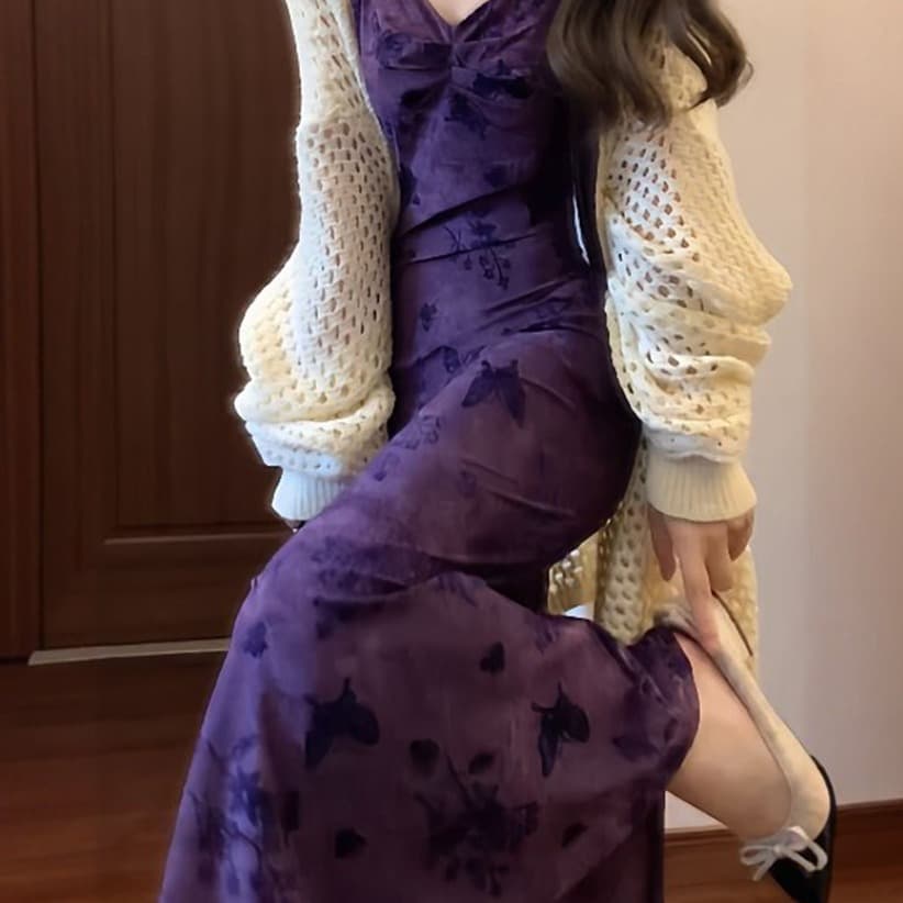 특별 아름다운 꼬집기 허리 섹시함 V넥 슬립 드레스 보라색 꽃무늬 몸매 가꾸기 디스플레이 몸 타이트 스커트 인어 꼬리 롱 스커트 이미지 2