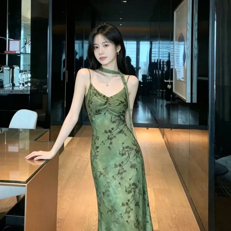 한국 동대문 꽃무늬 슬립 여성 드레스 여름 허리 수축 슬림해 보이는 품격 디자인 센스 인어 꼬리 중간 길이 치마 상세 이미지 2
