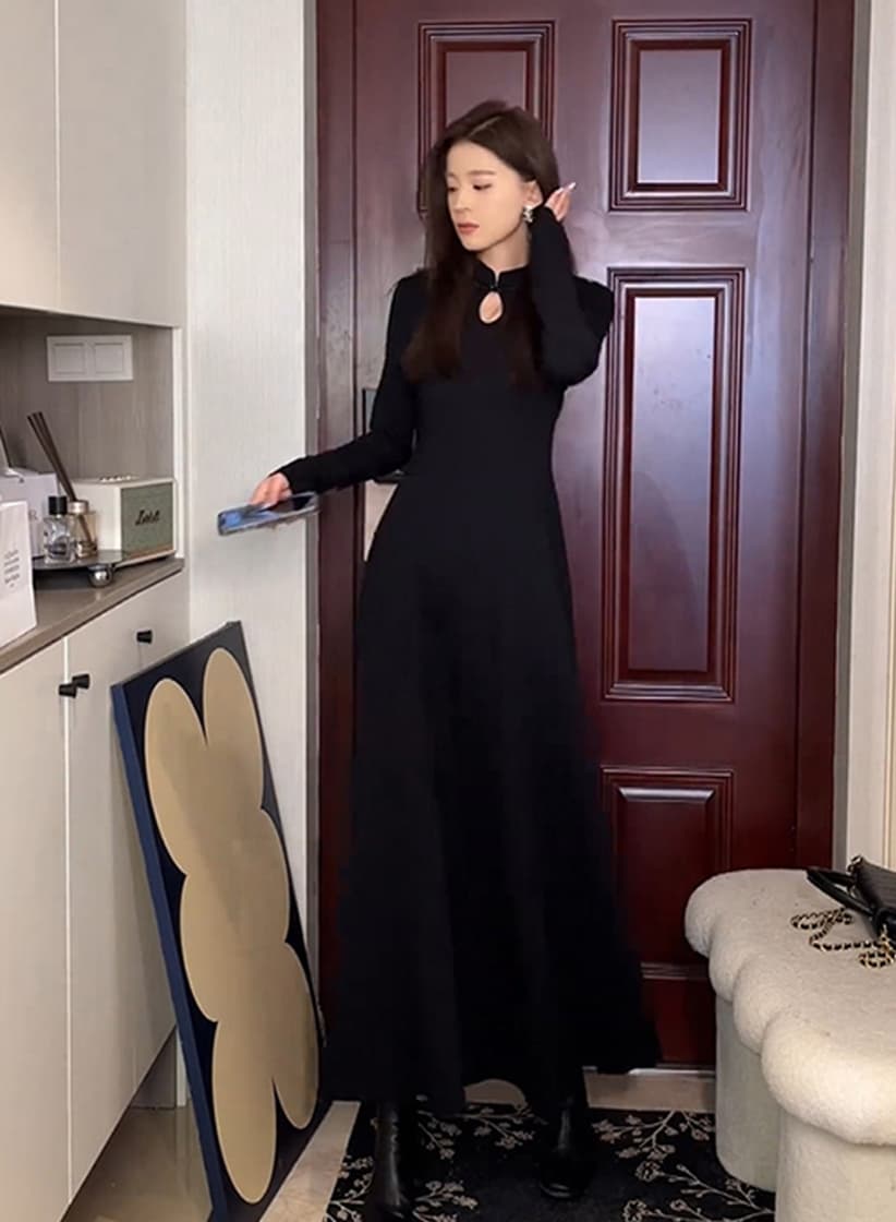 크리스마스 고급 부드러운 바람 빨간색 여성 드레스 가을 겨울 지방 mm 몸매 가꾸기 슬림해 보이는 새로운 중식 축제 연회 롱 스커트 상세 이미지 2