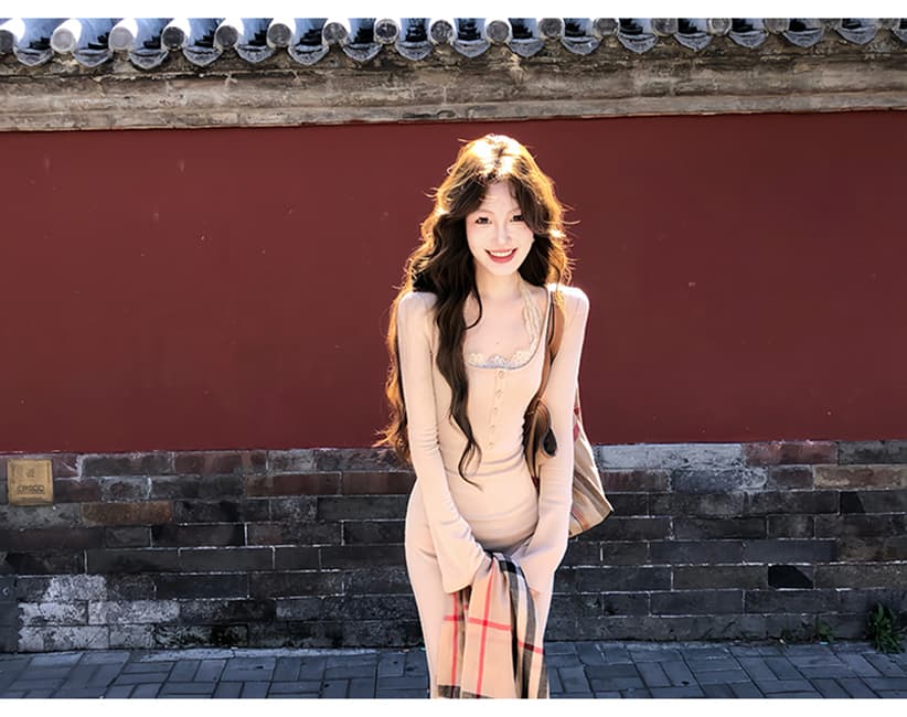 슈퍼 화재 부드러운 순수한 욕망 차 부서 명문 여성 바람 여성 드레스 가을 수 있습니다. 인사이드 가져 가라. u 칼라 긴팔 디스플레이 몸 타이트 스커트 상세 이미지 6