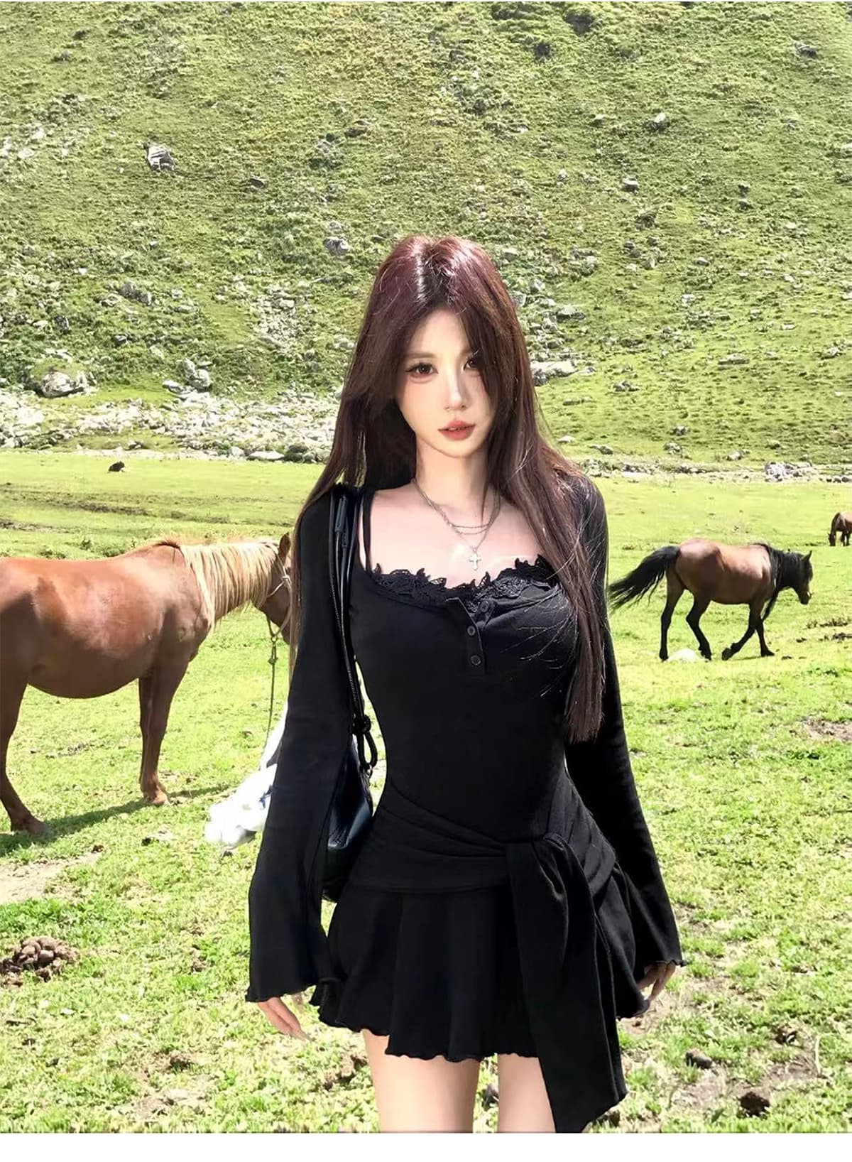아메리칸 핫걸 커피 색상 페이크 레이어드 스트랩 긴팔 여성 드레스 가을 몸매 가꾸기 슬림해 보이는 허리 수축 한 마디 타이트 스커트 상세 이미지 16