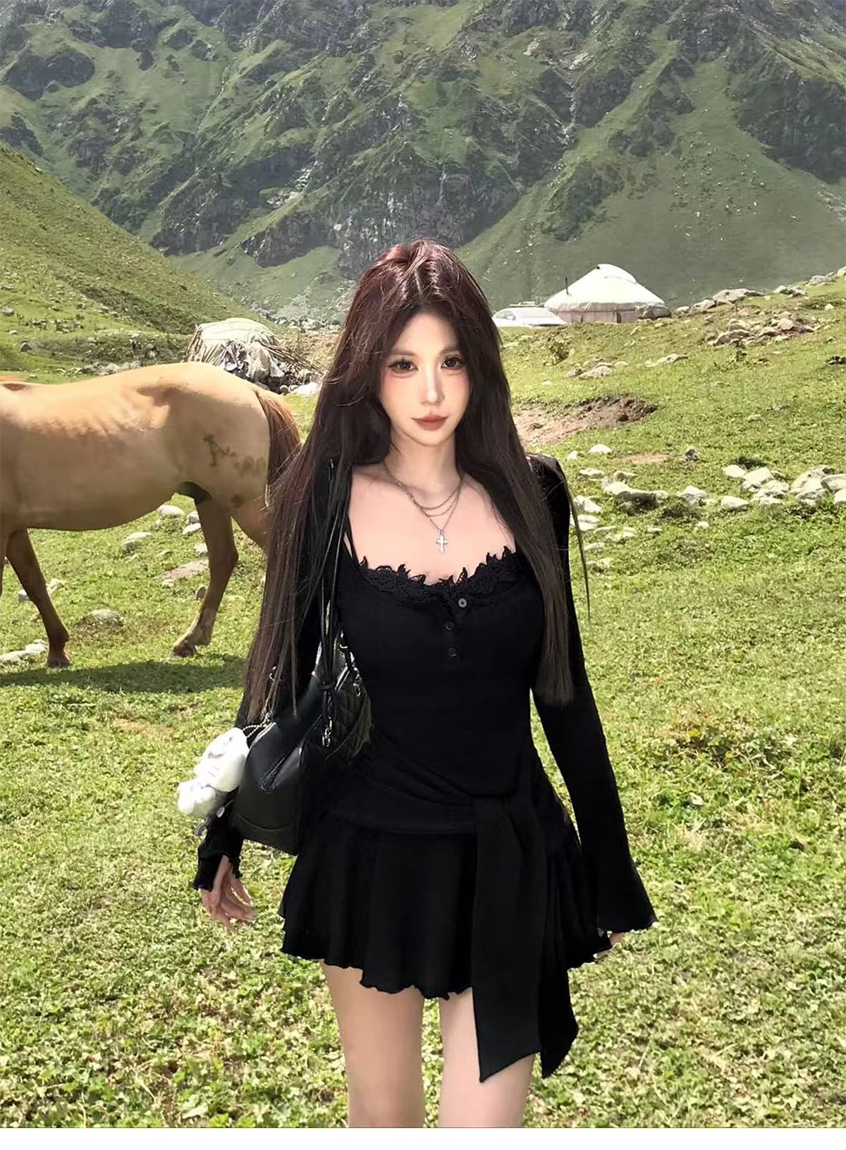 아메리칸 핫걸 커피 색상 페이크 레이어드 스트랩 긴팔 여성 드레스 가을 몸매 가꾸기 슬림해 보이는 허리 수축 한 마디 타이트 스커트 상세 이미지 22