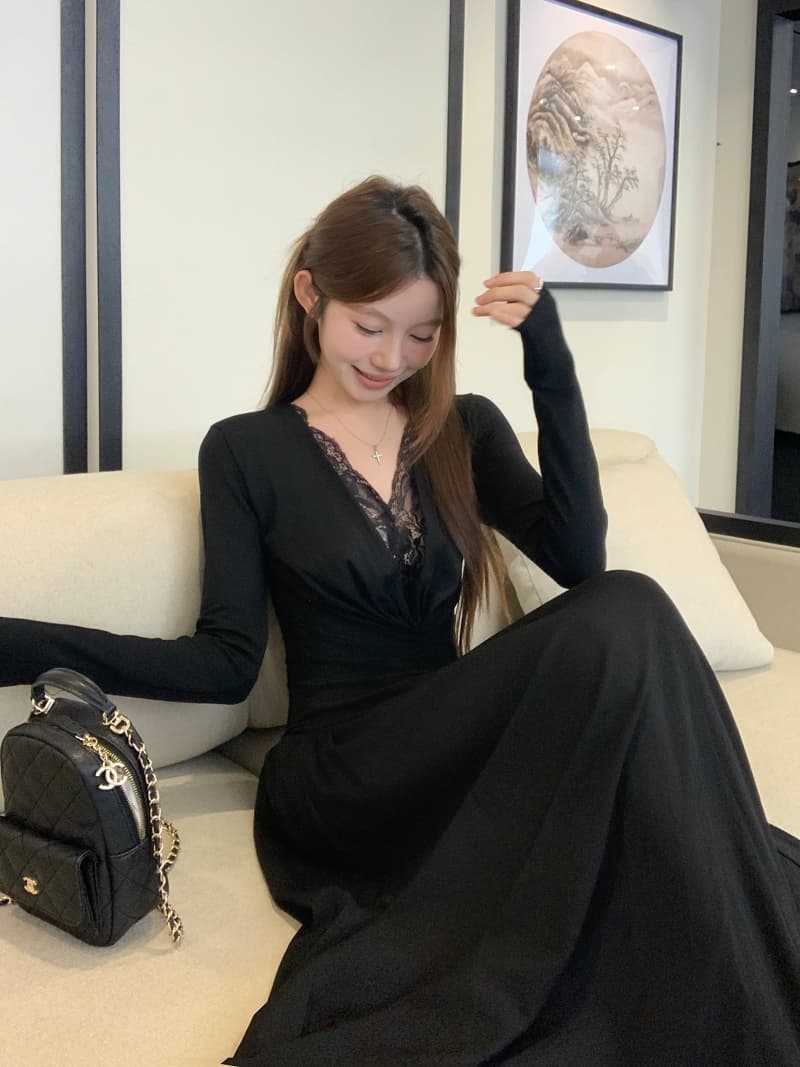 프랑스식 품격 비틀림 V넥 긴팔 드레스 연령 감소 조기 가을 고급 섹시함 몸매 가꾸기 슬림해 보이는 타이트 스커트 롱 스커트 이미지 4