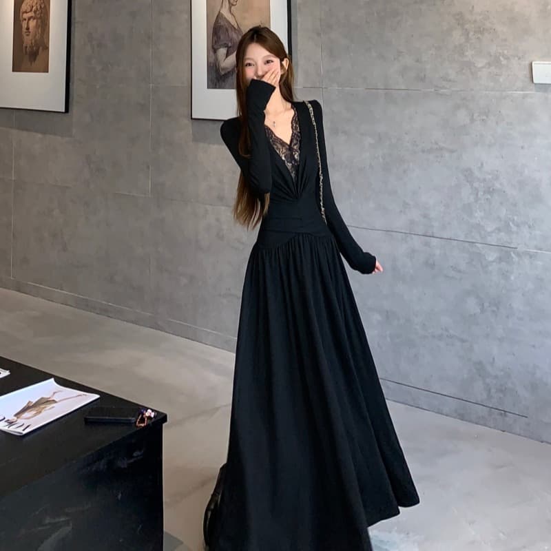 프랑스식 품격 비틀림 V넥 긴팔 드레스 연령 감소 조기 가을 고급 섹시함 몸매 가꾸기 슬림해 보이는 타이트 스커트 롱 스커트