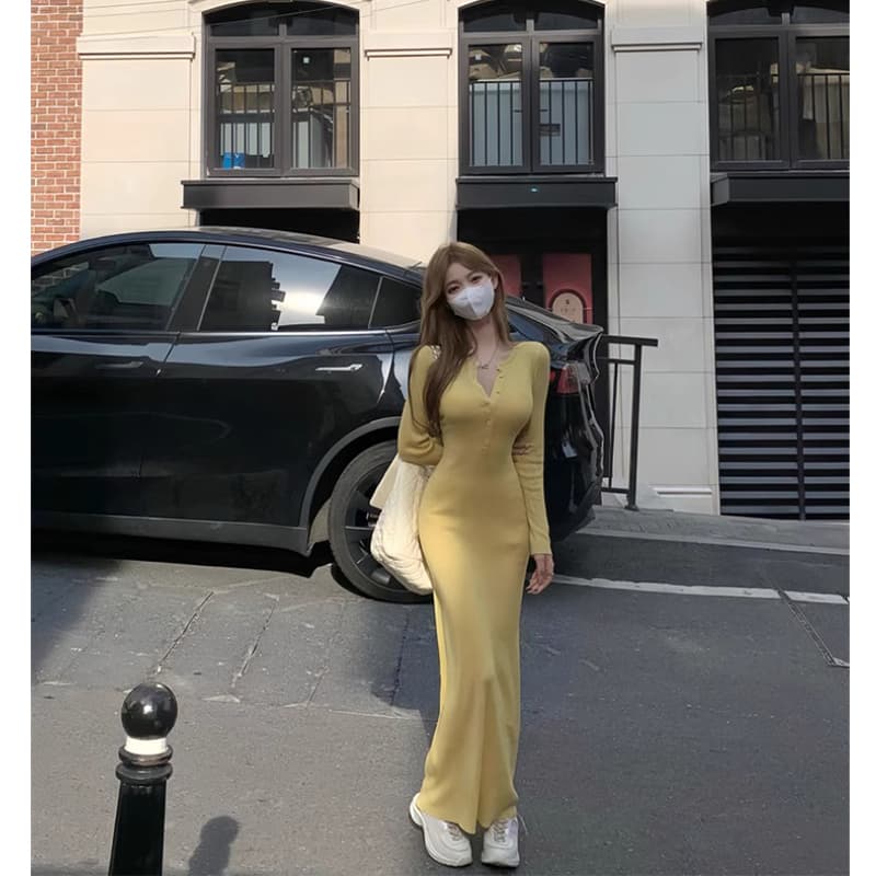 슈퍼 화재 프랑스식 고급 센스 V넥 긴팔 여성 드레스 봄 가을 새로운 품격 허리 수축 슬림해 보이는 타이트 스커트 길다 치마 이미지 4