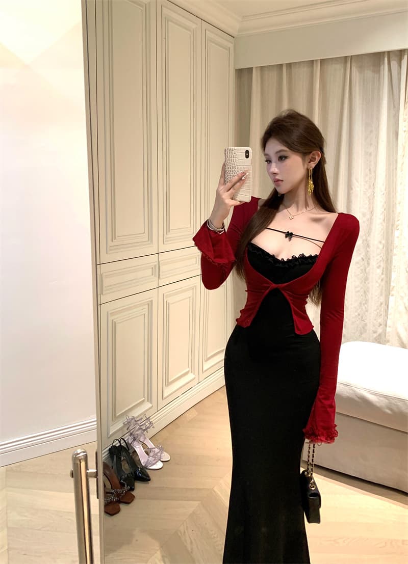 Chic 아름다운 빨간색 패치워크 페이크 레이어드 여성 드레스 가을 고급 센스 품격 몸매 가꾸기 섹시함 타이트 스커트 롱 스커트 상세 이미지 16