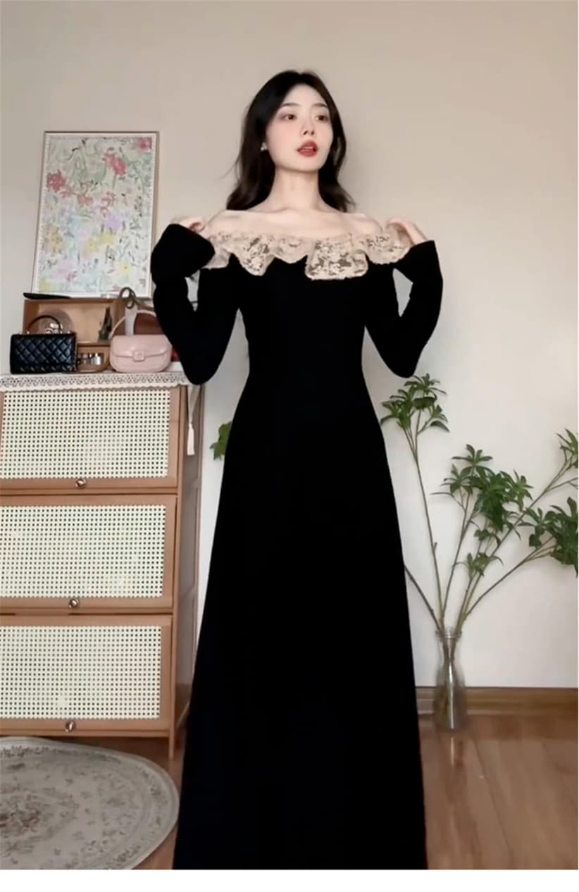 프랑스식 그는 벤 바람 자이언트 잘 생긴 검정색 긴팔 여성 드레스 가을 겨울철 경기 코트 인사이드 가져 가라. 만나는 몸매 가꾸기 롱 스커트 상세 이미지 2