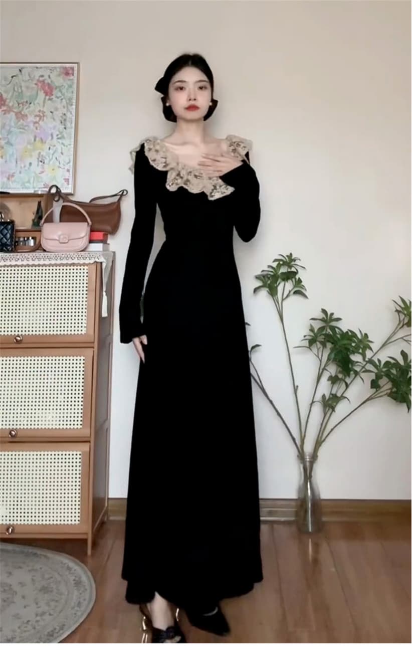 프랑스식 그는 벤 바람 자이언트 잘 생긴 검정색 긴팔 여성 드레스 가을 겨울철 경기 코트 인사이드 가져 가라. 만나는 몸매 가꾸기 롱 스커트 상세 이미지 3