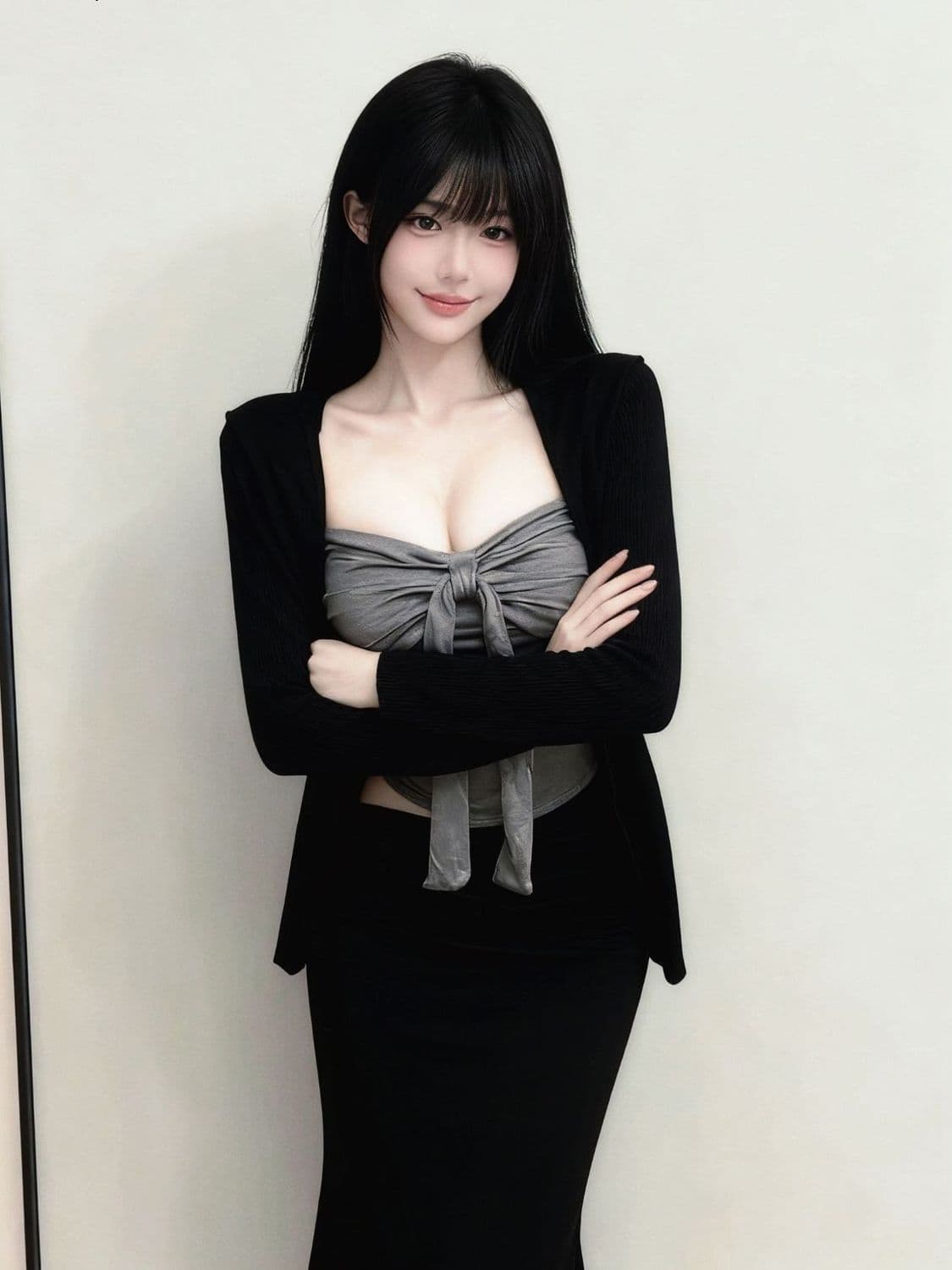 섹시함 나비 매듭 조끼 슬립 긴팔 오픈 가디건 여성 가을 지방 mm 슬림해 보이는 순수한 욕망 타이트 스커트 반신 스커트 3종 세트 이미지 3