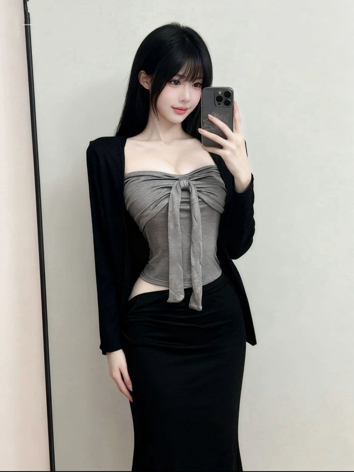 섹시함 나비 매듭 조끼 슬립 긴팔 오픈 가디건 여성 가을 지방 mm 슬림해 보이는 순수한 욕망 타이트 스커트 반신 스커트 3종 세트 상세 이미지 5