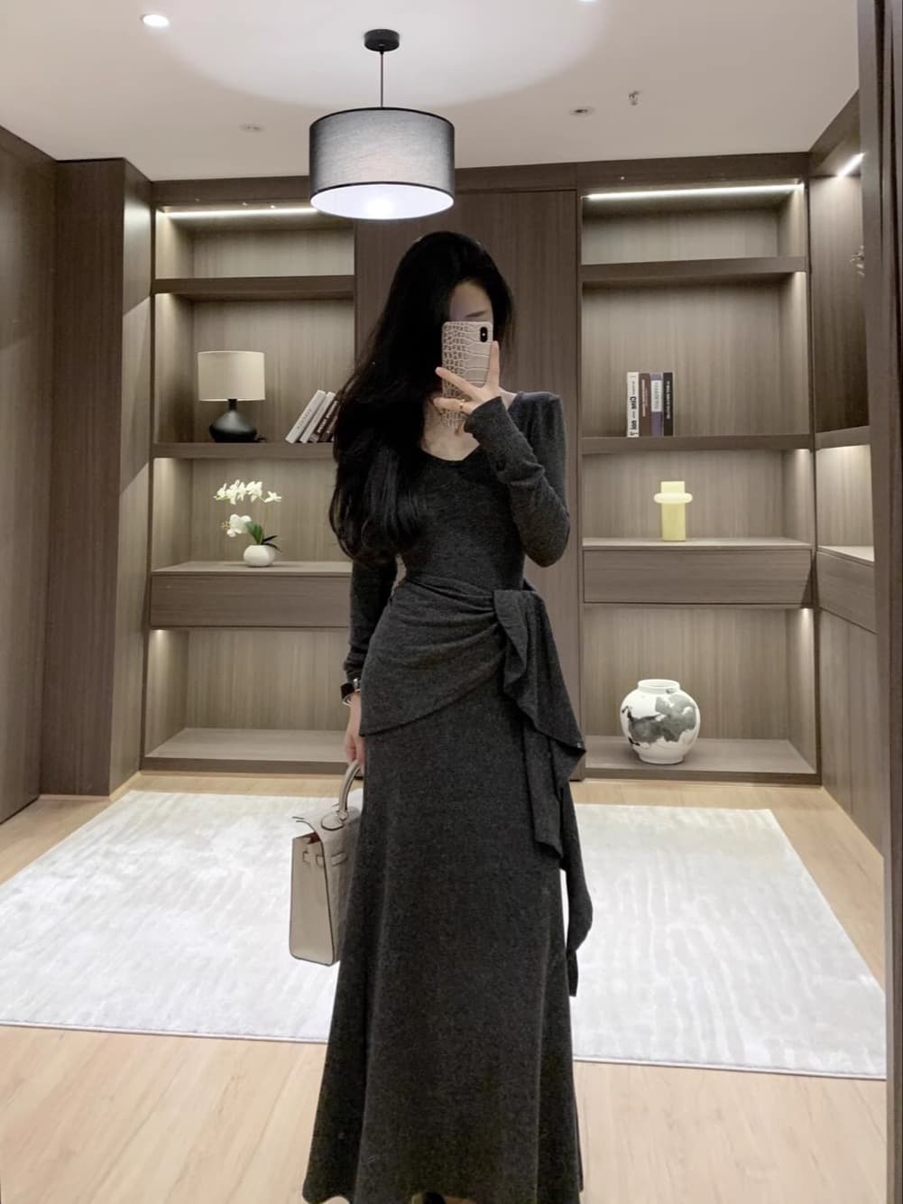 슈퍼 화재 빛 요리 한 품격 V넥 긴팔 여성 드레스 가을 새로운 핫걸 허리 수축 슬림해 보이는 한 마디 무릎 아래 길다 치마 이미지 2