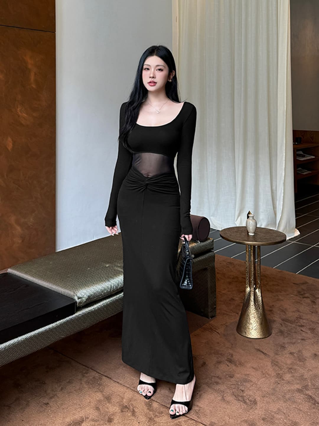 프랑스식 섹시함 검정색 광장 칼라 긴팔 망사 여성 드레스 가을 새로운 주름 슬림해 보이는 핫걸 타이트 스커트 치마 이미지 3