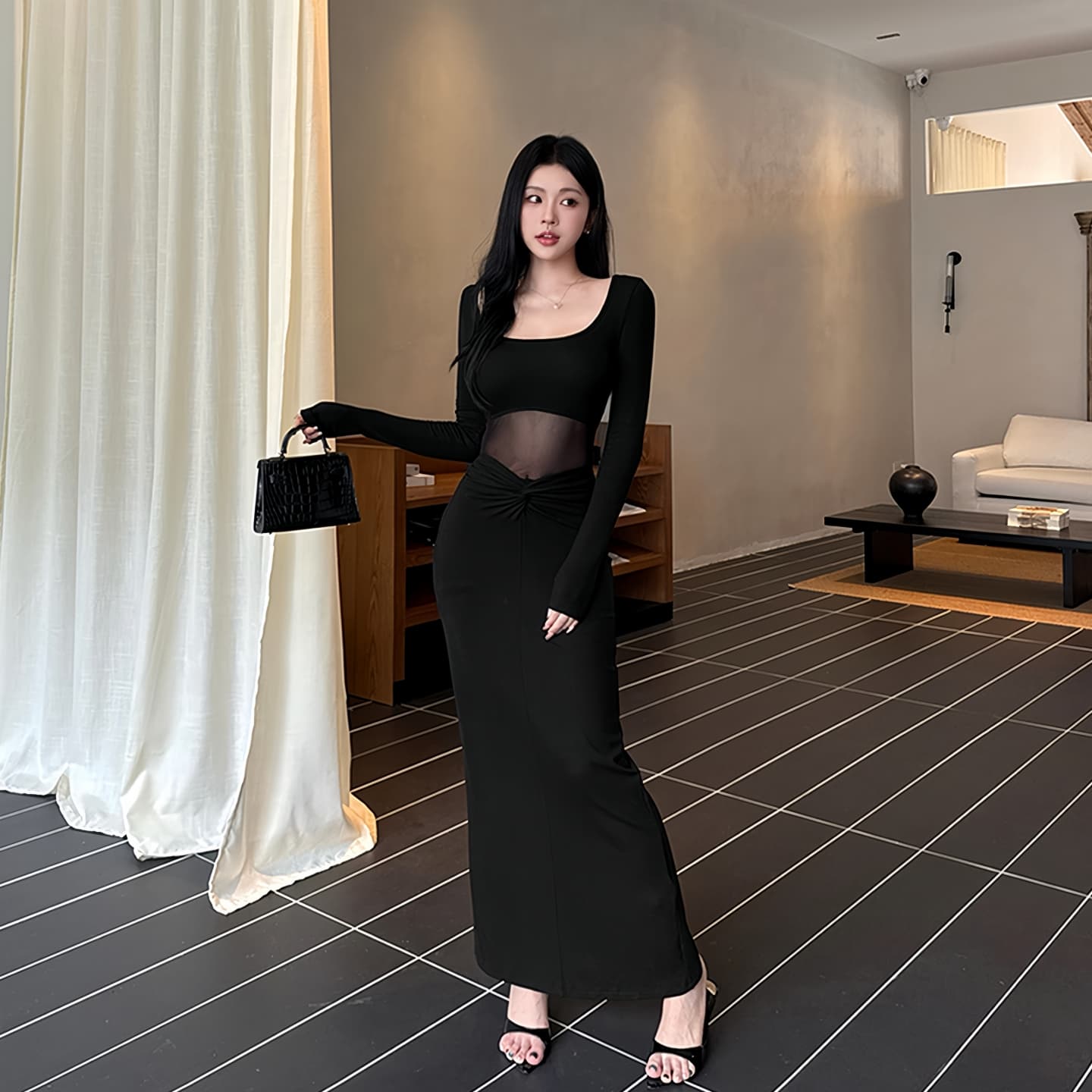 프랑스식 섹시함 검정색 광장 칼라 긴팔 망사 여성 드레스 가을 새로운 주름 슬림해 보이는 핫걸 타이트 스커트 치마 상세 이미지 5