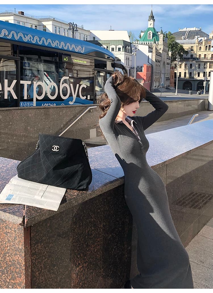 슈퍼 화재 프랑스식 레트로 폴로 칼라 긴팔 니트 기본 셔츠 여성 드레스 새로운 가을 겨울 경기 코트 ~ 중 치마 상세 이미지 10