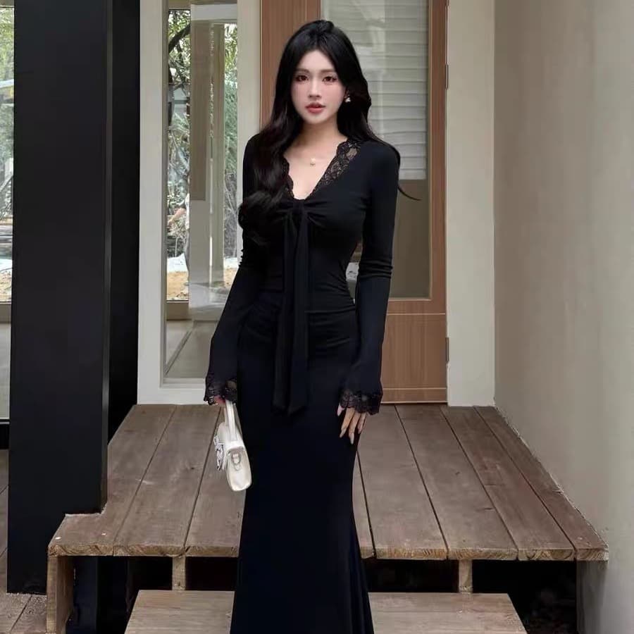 2026 년 가을 새로운 여성 의류 한 부서 품격 레이스 V넥 인사이드 가져 가라. 치마 고급 센스 롱 코트 드레스 복장 이미지 3