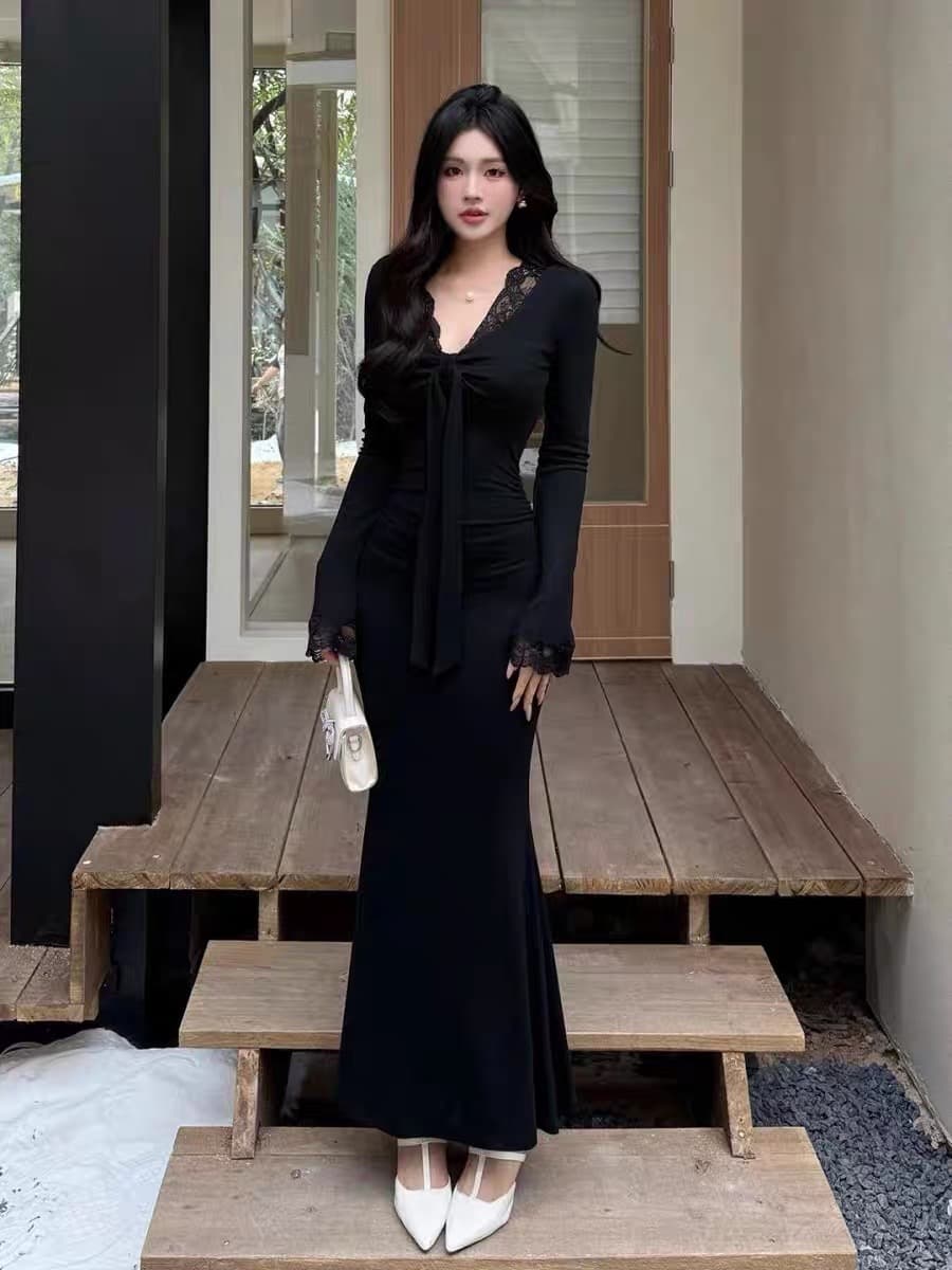 2026 년 가을 새로운 여성 의류 한 부서 품격 레이스 V넥 인사이드 가져 가라. 치마 고급 센스 롱 코트 드레스 복장 상세 이미지 5