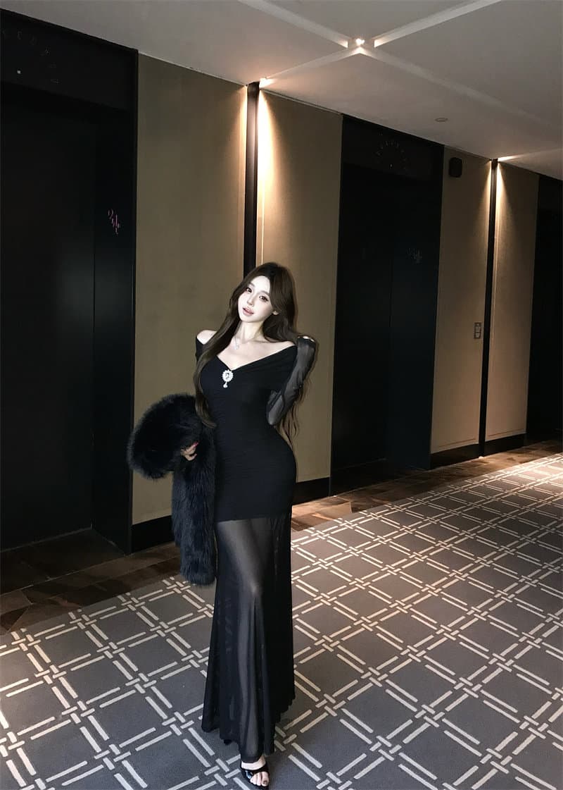 고급 센스 로얄 자매 바람 품격 몸매 가꾸기 망사 오프숄더 긴팔 여성 드레스 2026 새로운 예복 타이트 스커트 상세 이미지 8