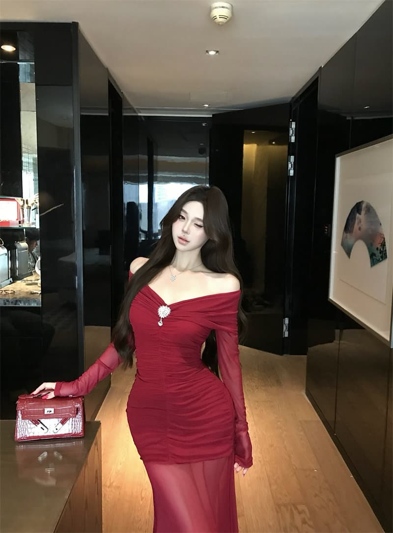 고급 센스 로얄 자매 바람 품격 몸매 가꾸기 망사 오프숄더 긴팔 여성 드레스 2026 새로운 예복 타이트 스커트 상세 이미지 19