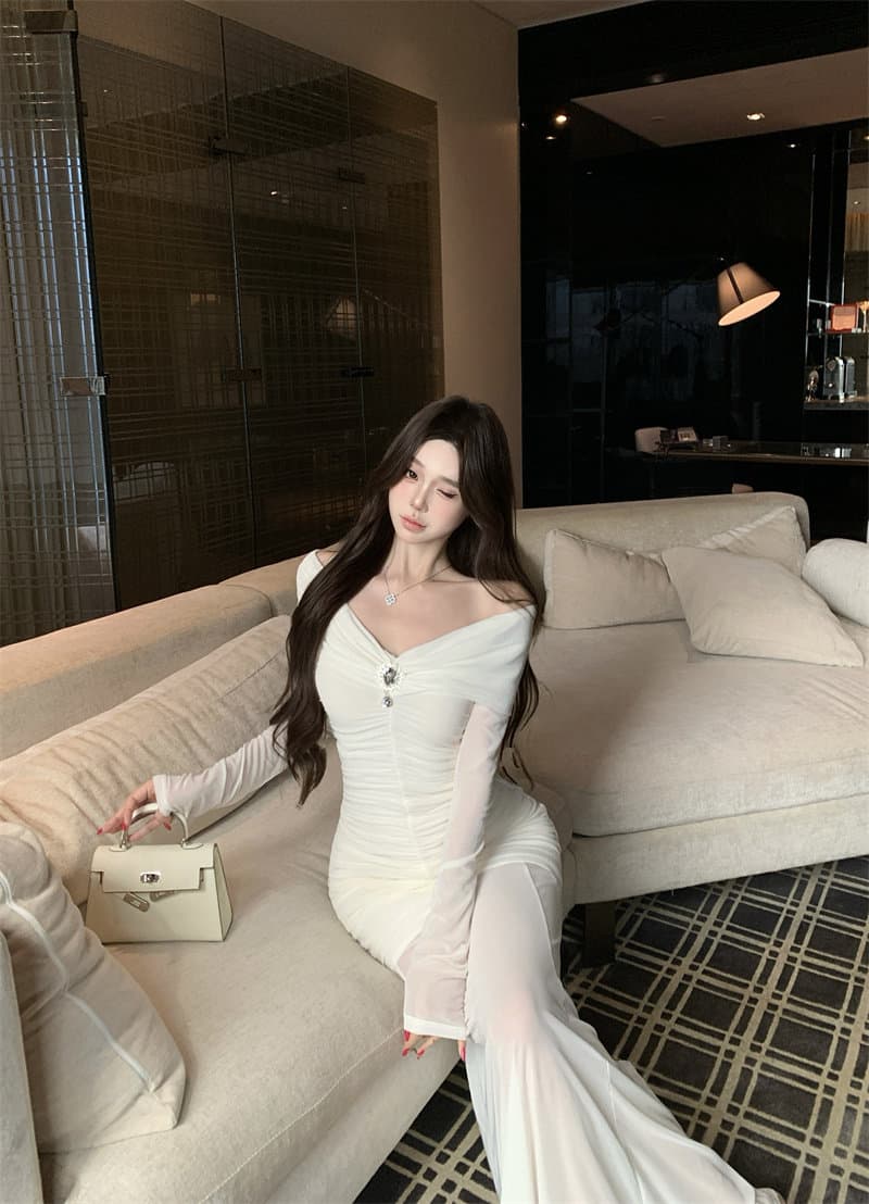 고급 센스 로얄 자매 바람 품격 몸매 가꾸기 망사 오프숄더 긴팔 여성 드레스 2026 새로운 예복 타이트 스커트 상세 이미지 22