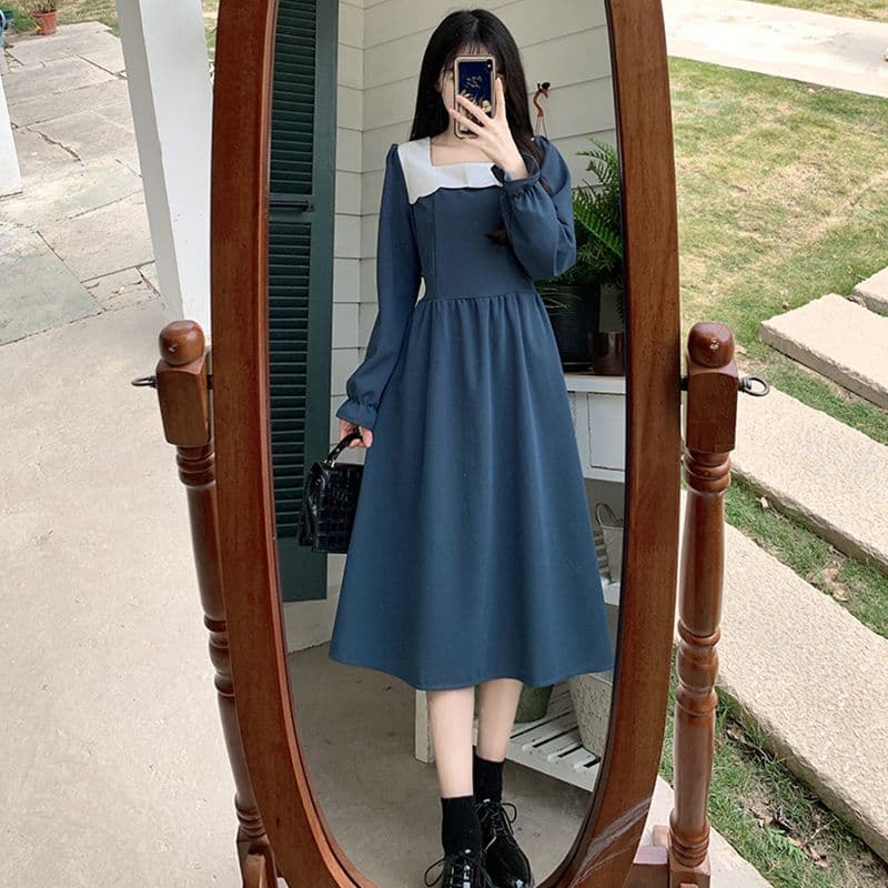 가을 다용도 프랑스식 고급 배색 ins 드레스 광장 칼라 미니멀리즘 센스 출퇴근 바람 작은 대중 연령 감소 롱 스커트 여성