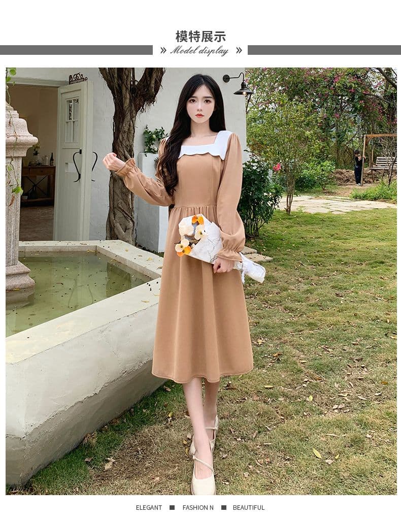 가을 다용도 프랑스식 고급 배색 ins 드레스 광장 칼라 미니멀리즘 센스 출퇴근 바람 작은 대중 연령 감소 롱 스커트 여성 상세 이미지 8