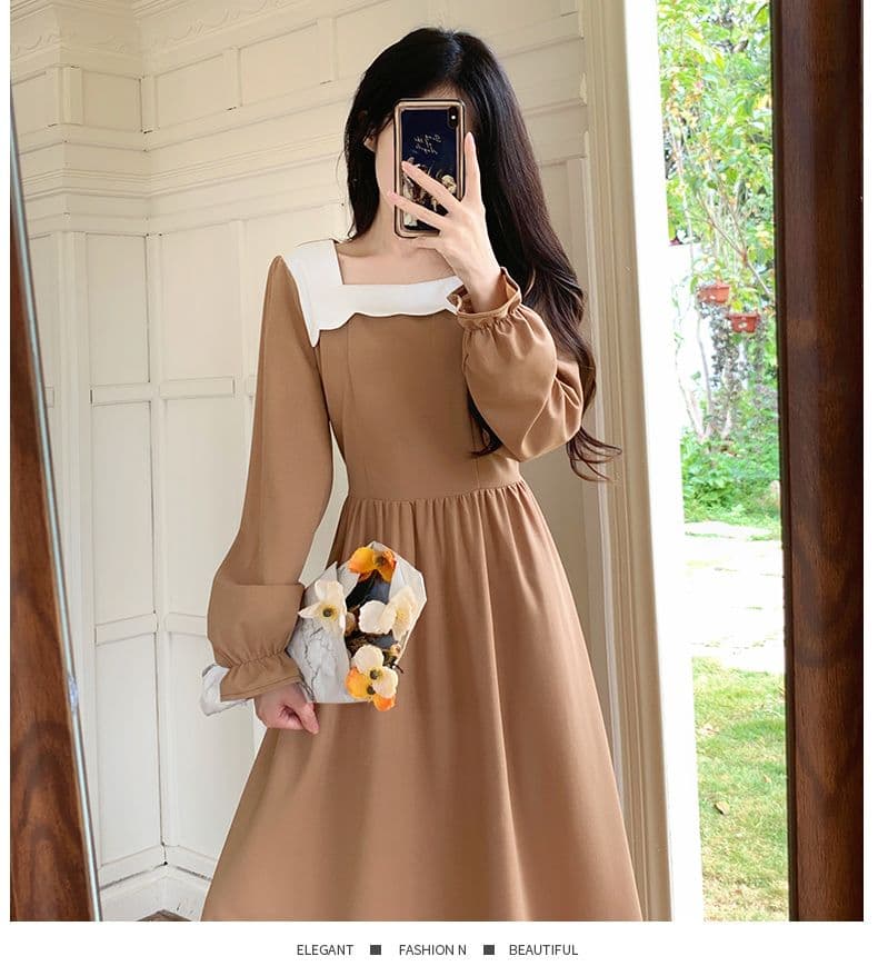 가을 다용도 프랑스식 고급 배색 ins 드레스 광장 칼라 미니멀리즘 센스 출퇴근 바람 작은 대중 연령 감소 롱 스커트 여성 상세 이미지 13