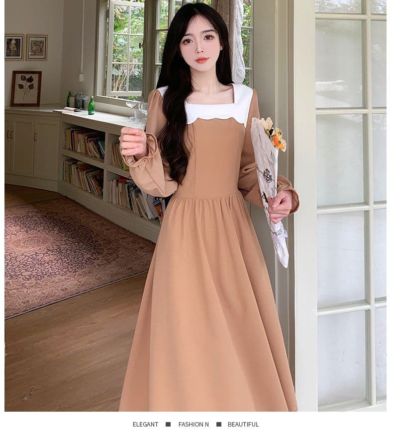 가을 다용도 프랑스식 고급 배색 ins 드레스 광장 칼라 미니멀리즘 센스 출퇴근 바람 작은 대중 연령 감소 롱 스커트 여성 상세 이미지 15