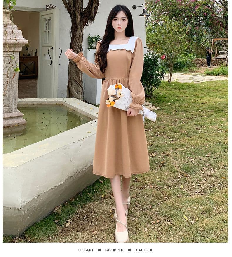 가을 다용도 프랑스식 고급 배색 ins 드레스 광장 칼라 미니멀리즘 센스 출퇴근 바람 작은 대중 연령 감소 롱 스커트 여성 상세 이미지 16