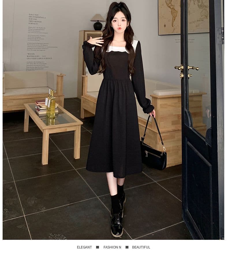 가을 다용도 프랑스식 고급 배색 ins 드레스 광장 칼라 미니멀리즘 센스 출퇴근 바람 작은 대중 연령 감소 롱 스커트 여성 상세 이미지 34