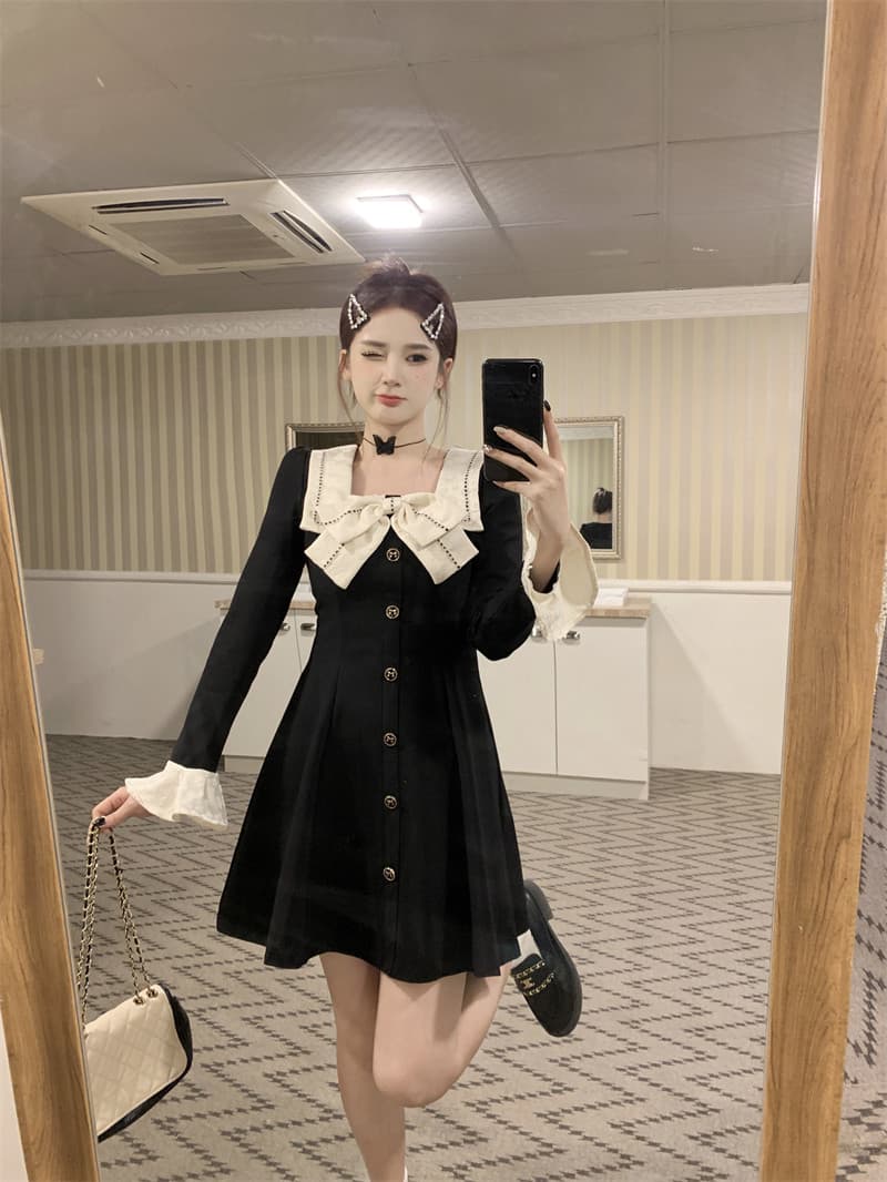 가을 섹션 다용도 나비 매듭 광장 칼라 작은 대중 chic 미니멀리즘 우아함 바람 그는 벤리안 드레스 여성 다용도 미니 스커트 상세 이미지 2