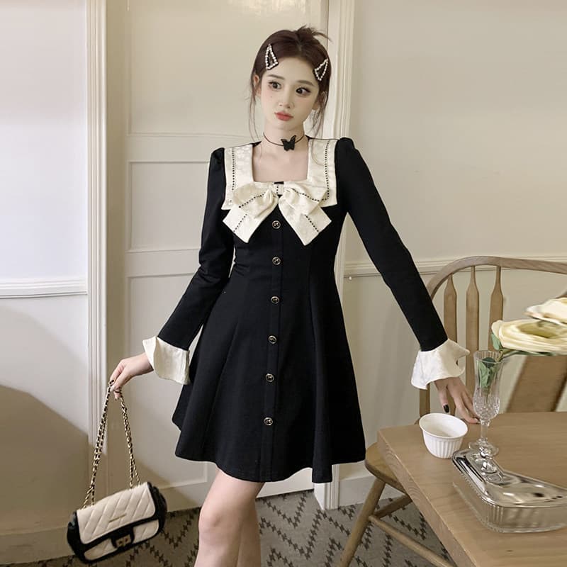 가을 섹션 다용도 나비 매듭 광장 칼라 작은 대중 chic 미니멀리즘 우아함 바람 그는 벤리안 드레스 여성 다용도 미니 스커트 상세 이미지 3