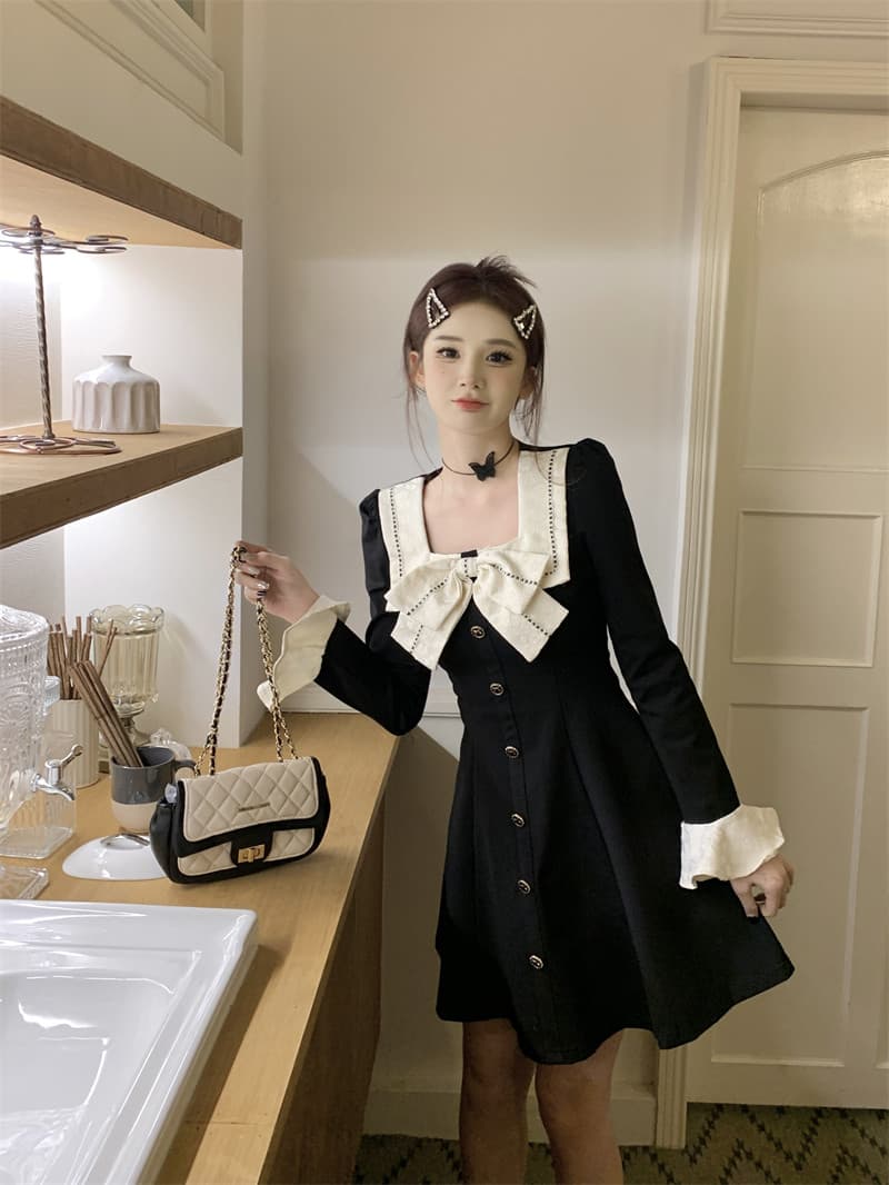 가을 섹션 다용도 나비 매듭 광장 칼라 작은 대중 chic 미니멀리즘 우아함 바람 그는 벤리안 드레스 여성 다용도 미니 스커트 상세 이미지 7