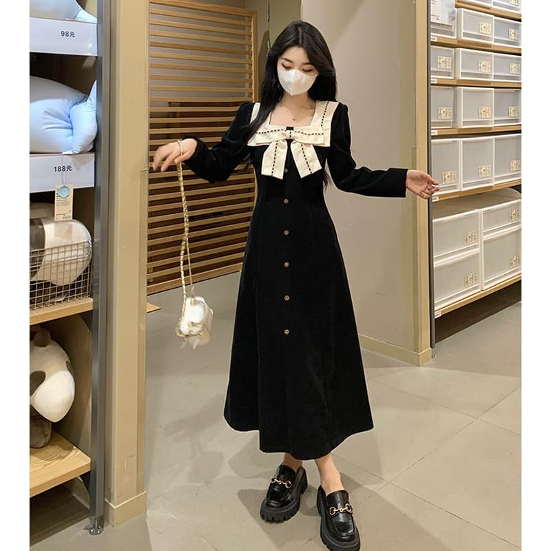 가을 겨울 vintage 연령 감소 센스 작은 대중 다용도 레트로 드레스 나비 매듭 패치워크 디자인 광장 칼라 중간 길이 스커트 상세 이미지 4