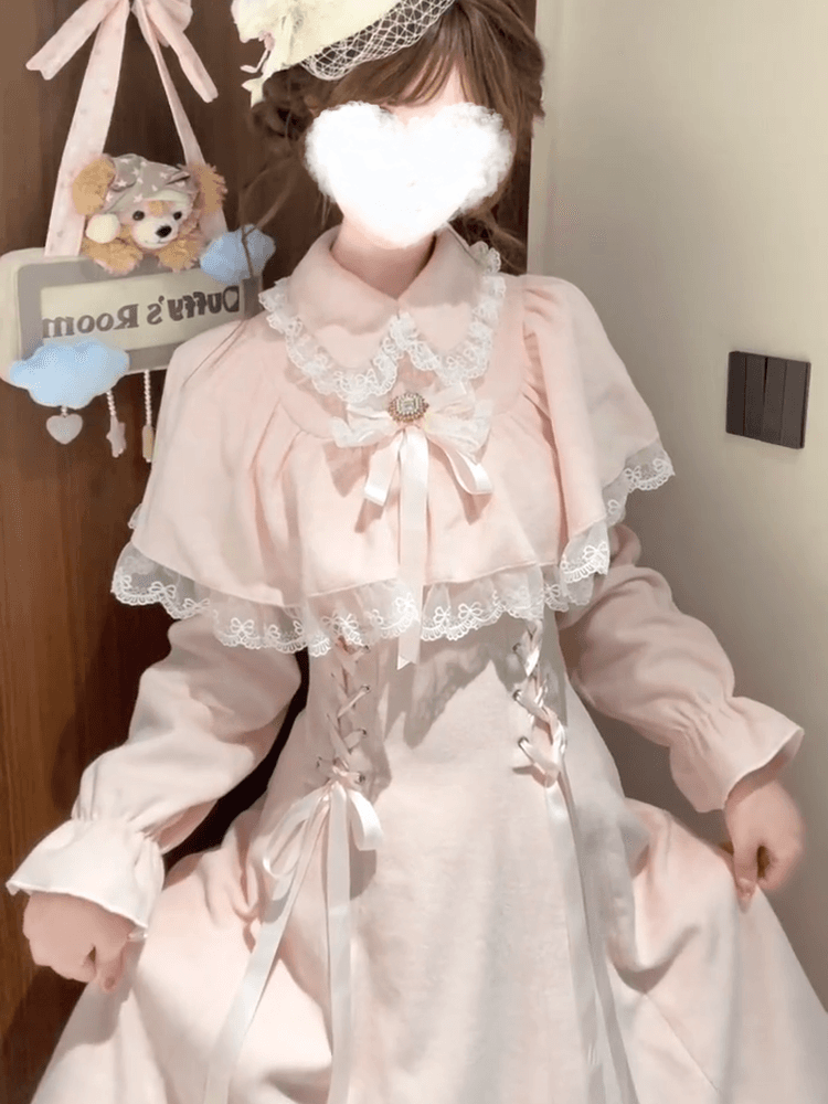 일본식 달콤함 핑크색 클리어 부서 레이스 조각 나비 매듭 페이크 레이어드 망토 숄 lolita 치마 로리타 이미지 2