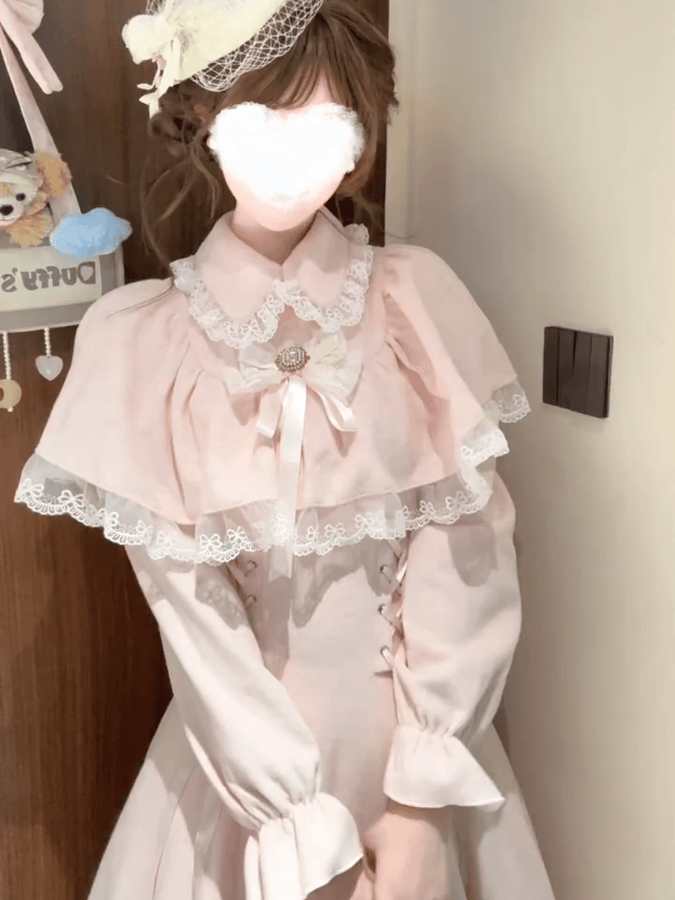 일본식 달콤함 핑크색 클리어 부서 레이스 조각 나비 매듭 페이크 레이어드 망토 숄 lolita 치마 로리타