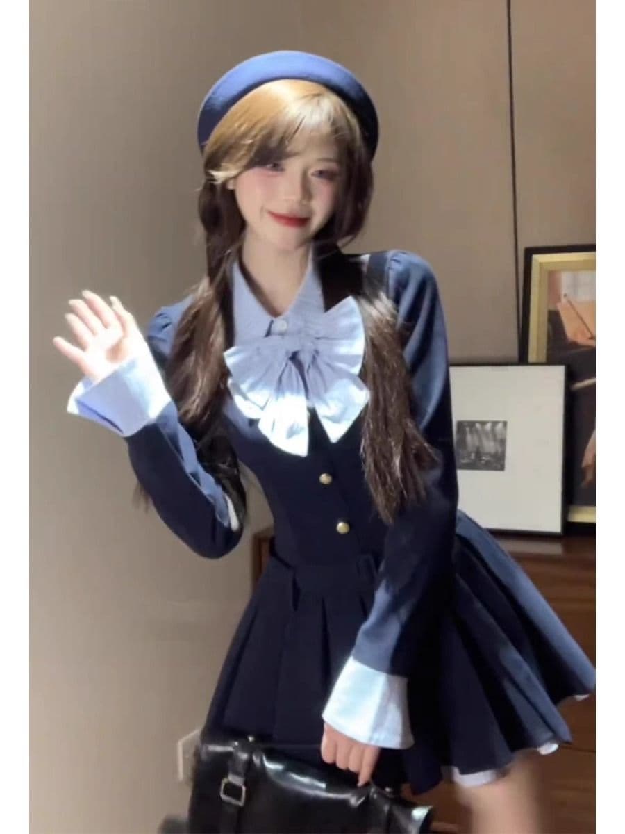 가을로 한 부서 ins 점프 슈트 치마 세트 페이크 레이어드 착용 가져 가라. 학원 스타일 분위기 센스 부유 한 가족 천 골드 한 마디 플리츠 스커트 상세 이미지 7