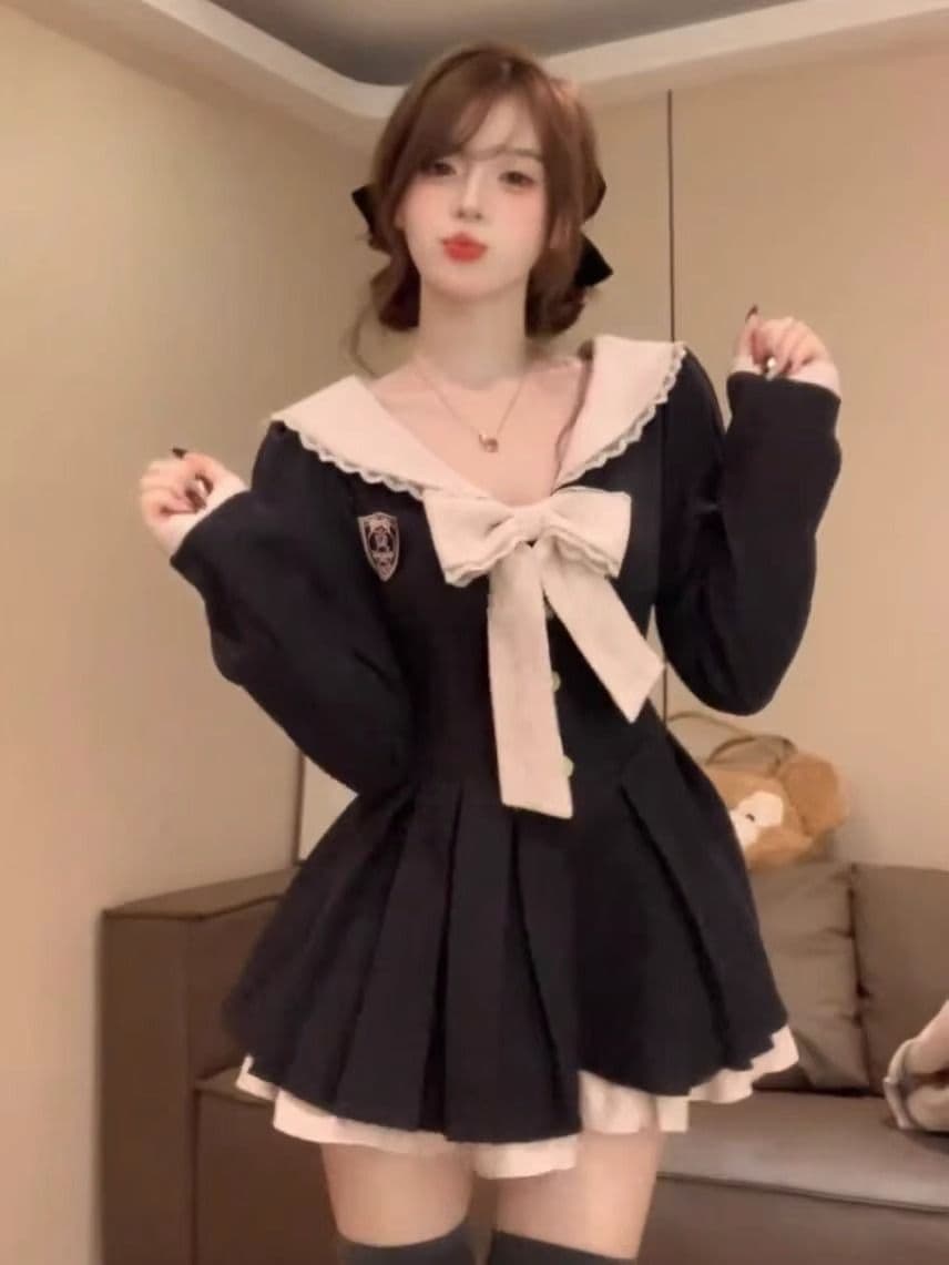 학원 스타일 페이크 레이어드 세트 여성 드레스 가을 겨울 한 부서 chic 착용 가져 가라. 부유 한 가족 천 골드 플리츠 미니 스커트 달콤함 상세 이미지 7
