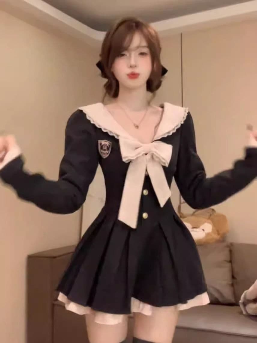 학원 스타일 페이크 레이어드 세트 여성 드레스 가을 겨울 한 부서 chic 착용 가져 가라. 부유 한 가족 천 골드 플리츠 미니 스커트 달콤함 상세 이미지 14