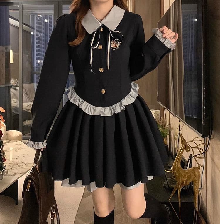 순수한 욕망 달콤함 미니 스커트 가을 겨울 허리 수축 슬림해 보이는 페이크 레이어드 배색 패치워크 POLO 칼라 학원 스타일 여성 드레스 상세 이미지 13