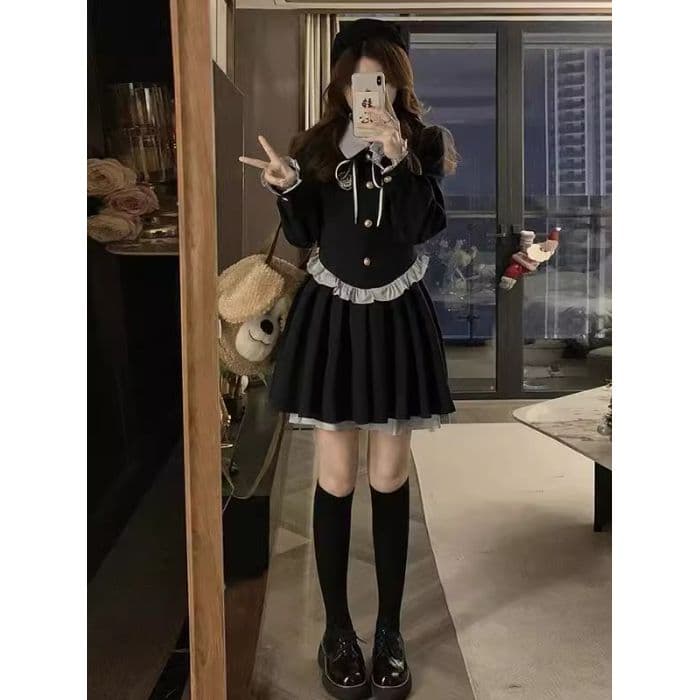순수한 욕망 달콤함 미니 스커트 가을 겨울 허리 수축 슬림해 보이는 페이크 레이어드 배색 패치워크 POLO 칼라 학원 스타일 여성 드레스 상세 이미지 15