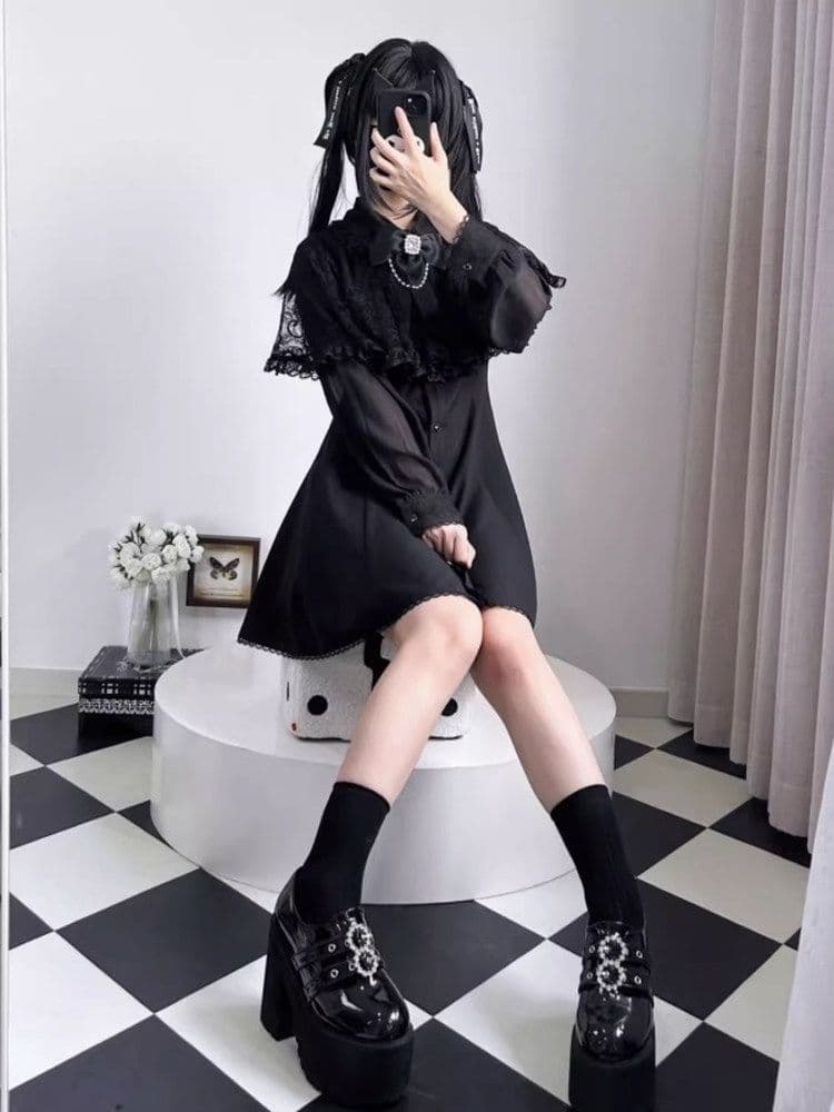 슈퍼 화재 가을 일본식 달콤함 소녀 순수한 욕망 바람 클리어 부서 숄 레이스 나비 매듭 쉬폰 긴팔 드레스 이미지 4